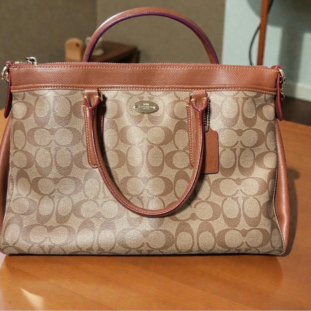 Coach❤️Signature Morgan in Khaki & Saddle Color Canvas & Leather Satchel - Picture 2 of 13